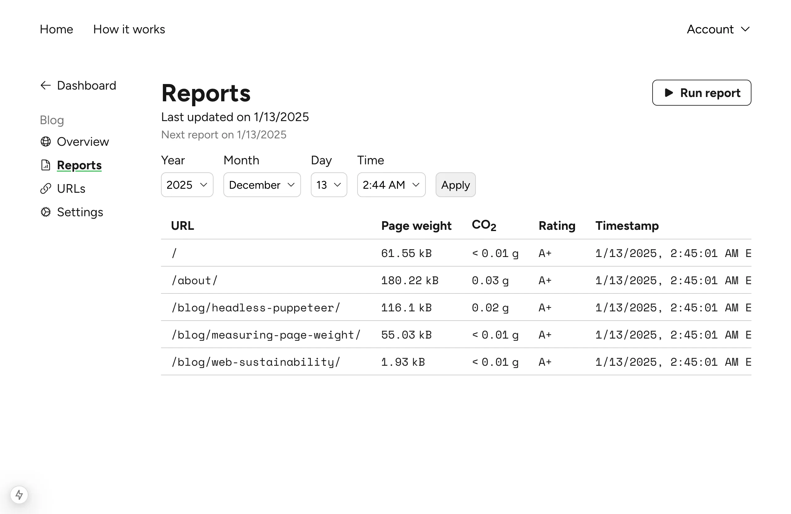 A table showing the most recent report batch with a date selector allowing you to see older reports